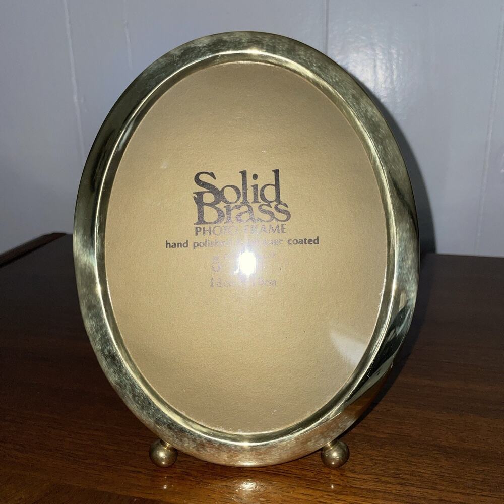 Solid Brass Oval Picture Frame 5x7 Footed Hand Polished Lacquer Coated Vintage